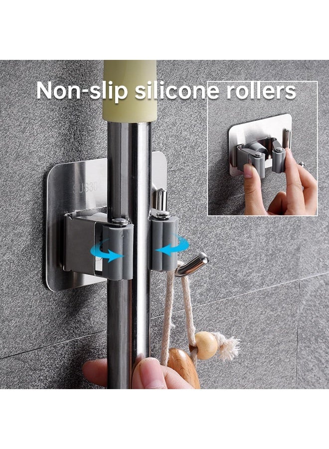 ECVV Mop Broom Holder, 4Pcs Wall Mount Stainless Steel Garage Holder, Tool Organizer, Heavy Duty Hook Hanger No Drill For Home, Kitchen, Garden, Bathroom Wall Hooks Storage-Silver - Image 2