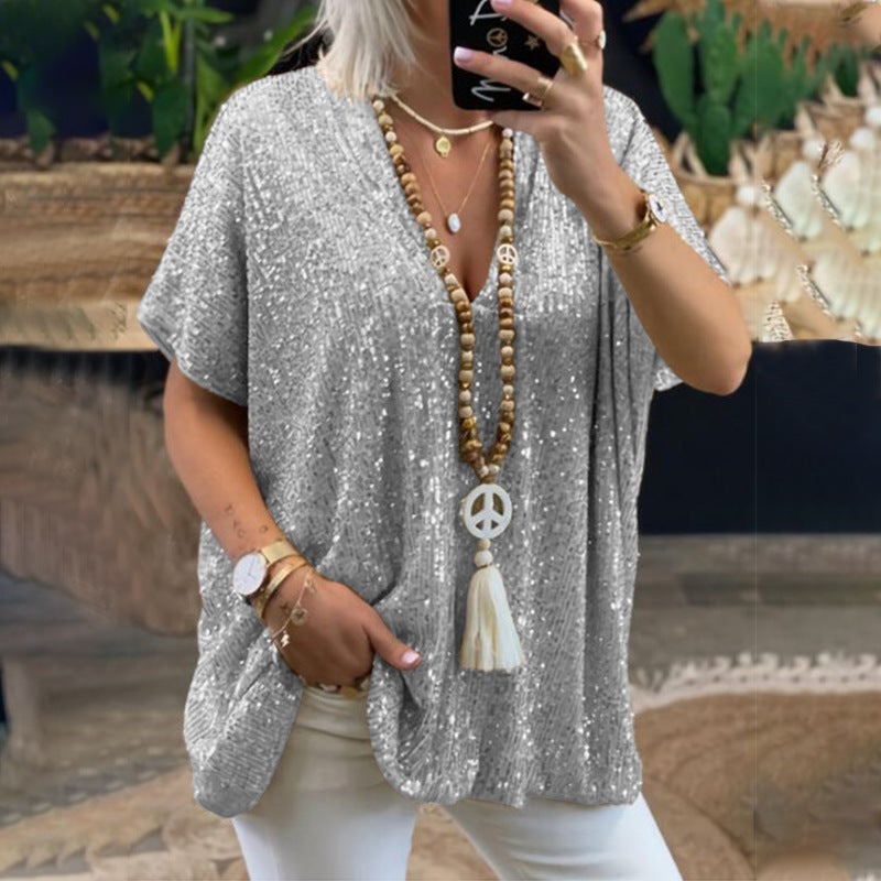 2025 New and Short-Sleeved Urban Casual Color Loose Pullover Sequined V Neck T-Shirt Tops for Women - Image 3