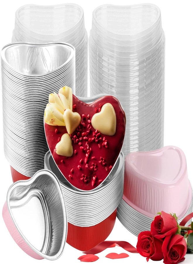 Retainbre 100 Pcs Heart Shaped Cake Pans with Lids Mini Aluminum Foil Heart Cupcake Baking Tins 3.4 Oz Disposable Heart Shaped Containers for Valentine's Day, Mother's Day, Wedding (Red, Pink) - Image 1