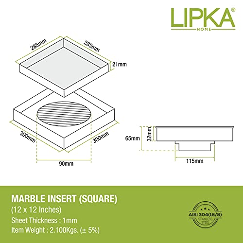LIPKA 12 x 12 Inche Square Marble Insert Floor Drain |304 Grade Stainless Steel/Invisible Shower Drain Channel |Waste Water Floor Drain for Bathroom & Showers Areas/Drain Jali with Anti Cockroach Trap - Image 2