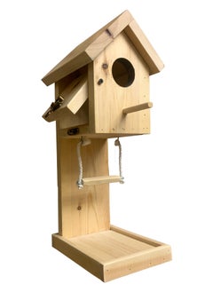 Generic Wooden Birdhouse with Feeder Natural Pine  Weather Resistant Easy to Install  - Image 1