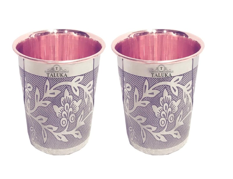 Taluka Etching Embossed Design Steel Copper Glass Tumbler Cup Drinkware Serveware Health Benefits Ayurveda Yoga