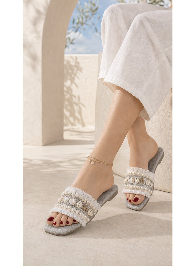 Women’s Flat Slide Sandals with Square Toe, Pearl, Seashell and Fringe Embellishments – Beige & Silver – Code 5010 - Image 1