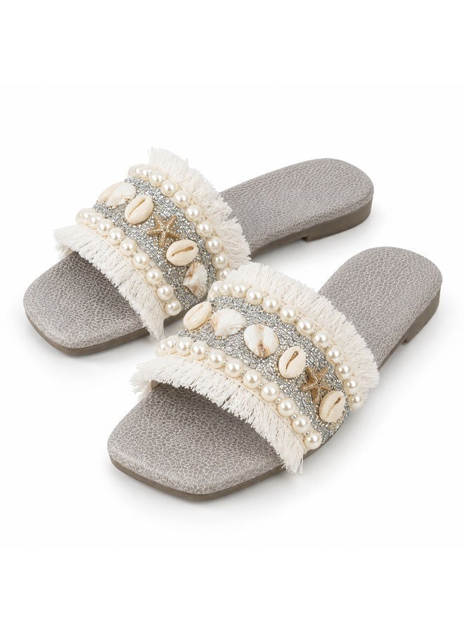 Women’s Flat Slide Sandals with Square Toe, Pearl, Seashell and Fringe Embellishments – Beige & Silver – Code 5010 - Image 2