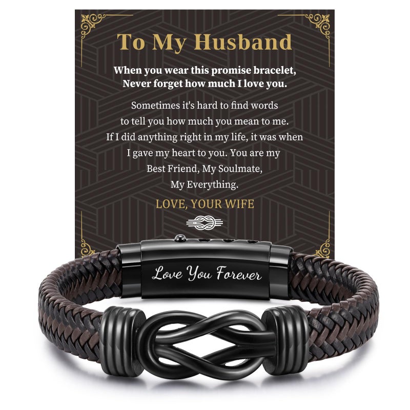 MEALGUET to My Husband Bracelet Gift - Brown Braided Leather Infinity Knot Bracelets Engraved Letter Love You Forever for Husband, Mens Bracelets Gift from Wife for Birthday Christmas - Image 1