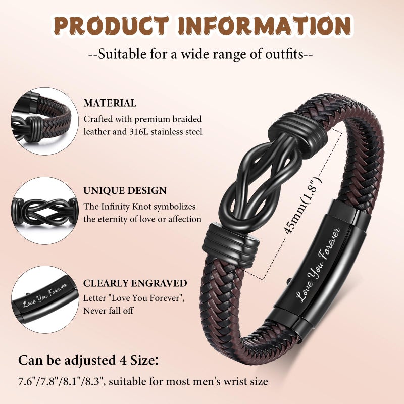 MEALGUET to My Husband Bracelet Gift - Brown Braided Leather Infinity Knot Bracelets Engraved Letter Love You Forever for Husband, Mens Bracelets Gift from Wife for Birthday Christmas - Image 4