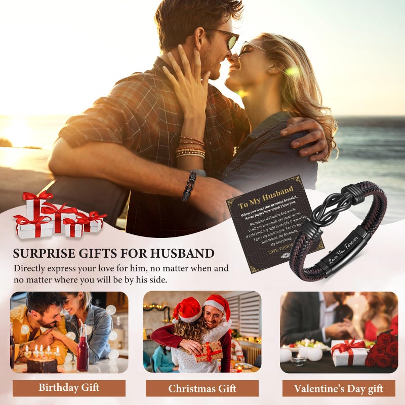 MEALGUET to My Husband Bracelet Gift - Brown Braided Leather Infinity Knot Bracelets Engraved Letter Love You Forever for Husband, Mens Bracelets Gift from Wife for Birthday Christmas - Image 2