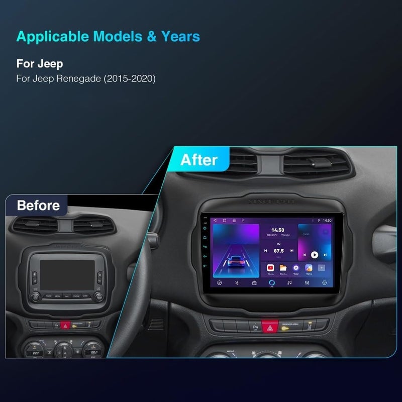 فيريكس شاشة أندرويد للسيارة جيب رينيجيد 2015–2021، شاشة لمس 9 بوصة، تدعم Apple CarPlay و Android Auto اللاسلكي، واي فاي، بلوتوث، DSP، راديو FM/AM، كاميرا خلفية AHD (ذاكرة 2GB + CarPlay) - Image 2