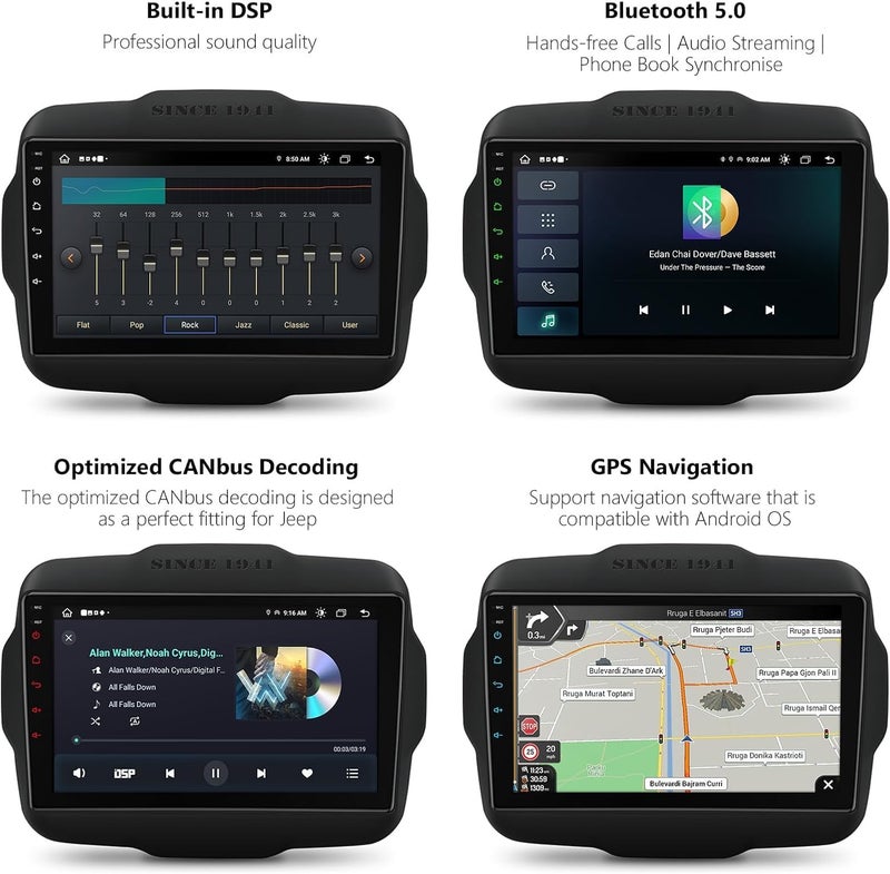 فيريكس شاشة أندرويد للسيارة جيب رينيجيد 2015–2021، شاشة لمس 9 بوصة، تدعم Apple CarPlay و Android Auto اللاسلكي، واي فاي، بلوتوث، DSP، راديو FM/AM، كاميرا خلفية AHD (ذاكرة 2GB + CarPlay) - Image 4