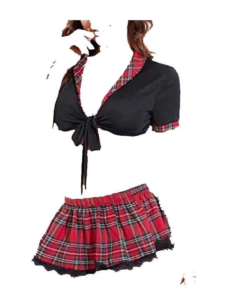 Women Tie Front Crop Top And Lace Trim Plaid Skirt Lingerie Set  - Image 1