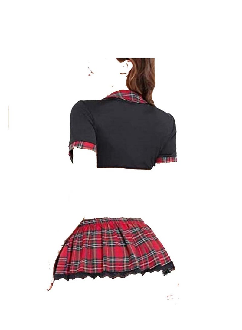 Women Tie Front Crop Top And Lace Trim Plaid Skirt Lingerie Set  - Image 2