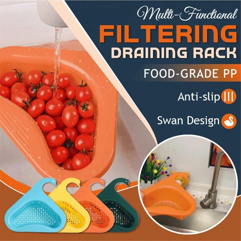 ويوبلز رف تصفية متعدد الوظائف معلق، سلة تصريف على شكل بجعة، سلة مصفاة حوض مثلثة، مصفاة طعام زاوية مثلثة لحوض المطبخ (أزرق + برتقالي) - Image 2