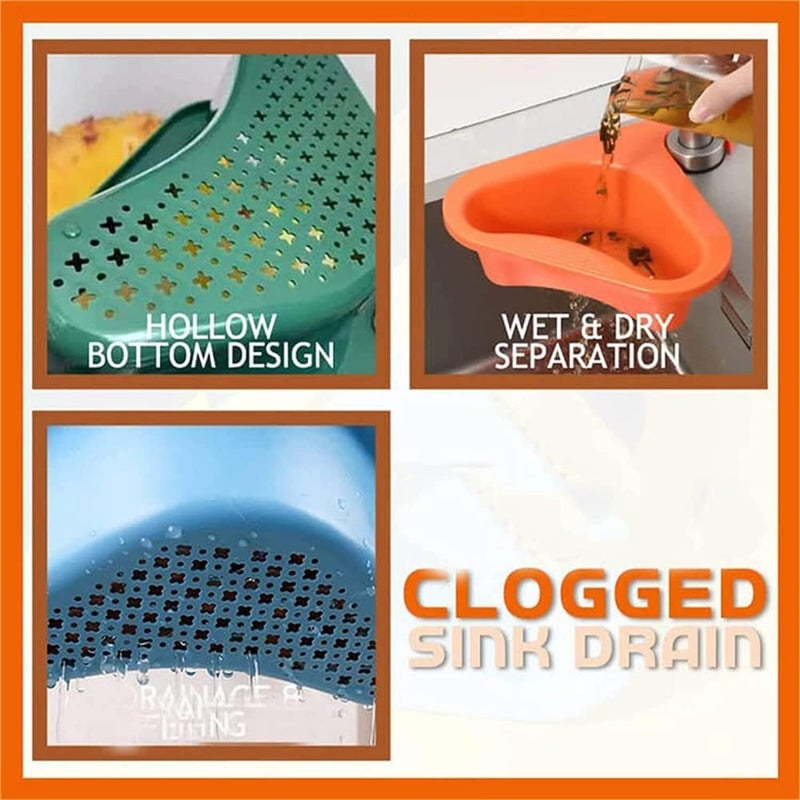 ويوبلز رف تصفية متعدد الوظائف معلق، سلة تصريف على شكل بجعة، سلة مصفاة حوض مثلثة، مصفاة طعام زاوية مثلثة لحوض المطبخ (أزرق + برتقالي) - Image 5