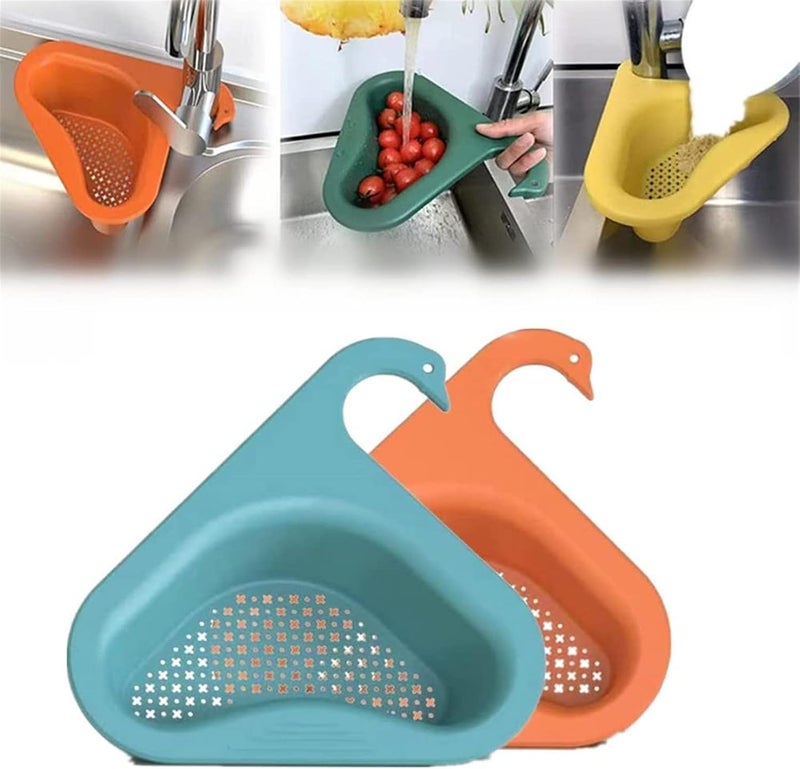 ويوبلز رف تصفية متعدد الوظائف معلق، سلة تصريف على شكل بجعة، سلة مصفاة حوض مثلثة، مصفاة طعام زاوية مثلثة لحوض المطبخ (أزرق + برتقالي) - Image 1