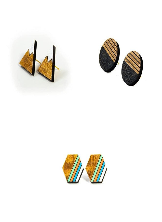 ORENAME Wooden Earrings for Girls and Women 3 Pairs Set Handmade Wooden Earrings with Ear Backs for Women and Girls Different Shapes and Colors (Pack of 3 -Style-1,2,3) - Image 1
