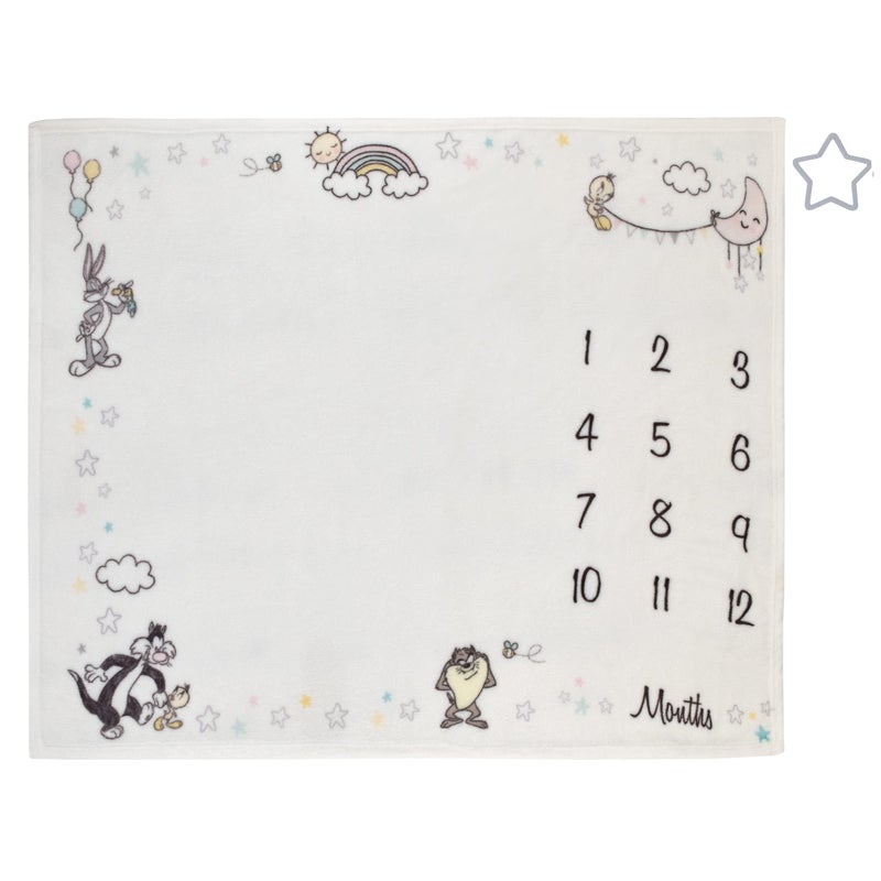 Warner Brothers Looney Tunes Best Buds White with Pastel Blue Pink and Yellow Bugs Bunny Tweety Tasmanian Devil and Sylvester The Cat Milestone Blanket