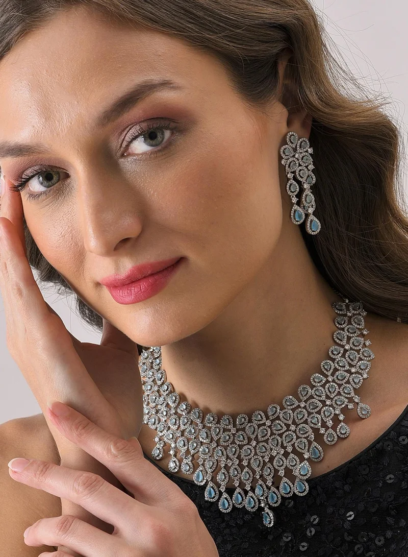 سوهي طقم قلادة وأقراط من الحجر المطلي بالفضة