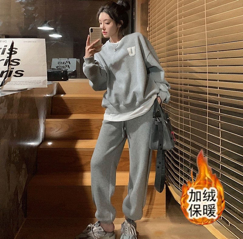 2023 Velvet Hoodie Casual Suit for Women Black - Image 2