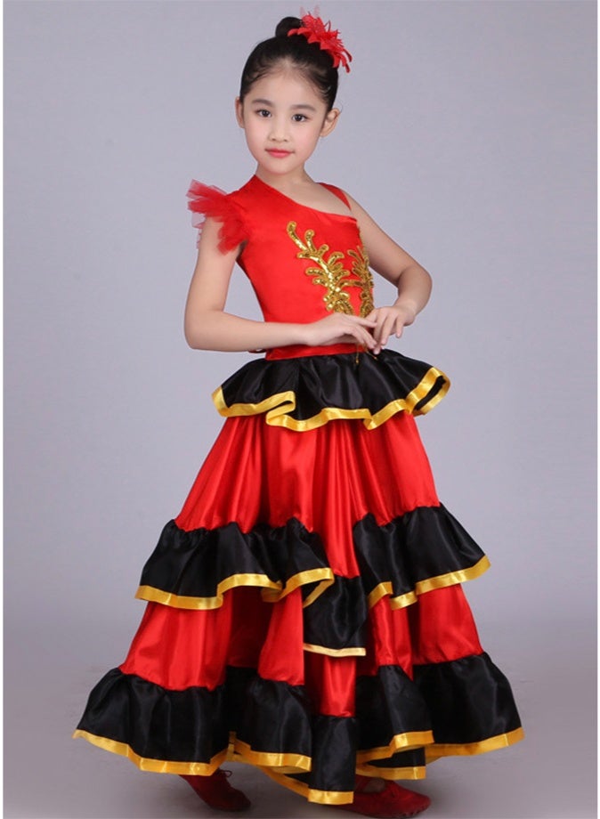 LiangSanZhi Girls' Flamenco Dance Dress Spanish Style Ruffled Tiered Costume for Kids Performance & Party - Image 4