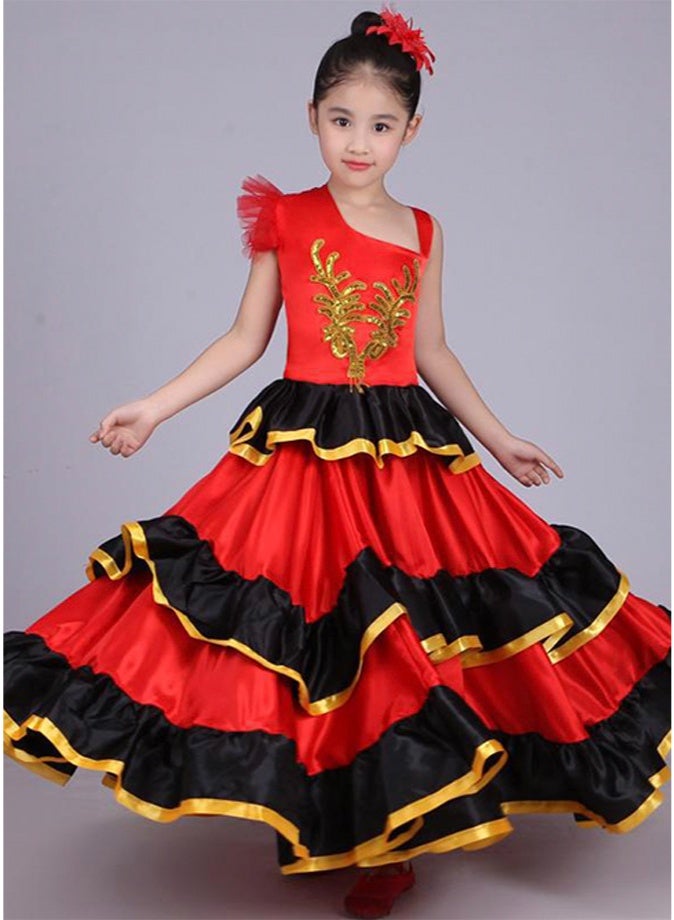 LiangSanZhi Girls' Flamenco Dance Dress Spanish Style Ruffled Tiered Costume for Kids Performance & Party - Image 3