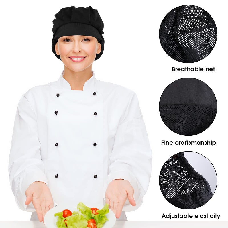 Yolev 2Pcs Black Chef Hats-Kitchen Baker Cooking Hair Nets Food Service Hairnets for Women Men with Brim - Image 3