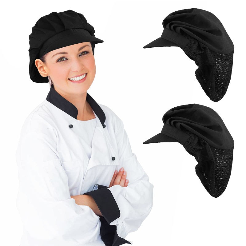 Yolev 2Pcs Black Chef Hats-Kitchen Baker Cooking Hair Nets Food Service Hairnets for Women Men with Brim - Image 1