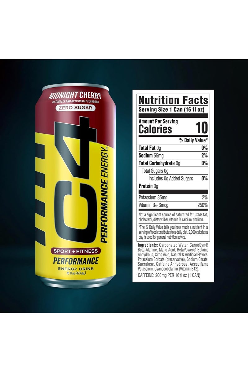 CELLUCOR C4 Pre Workout Energy Drink With Beta-Alanine, Zero Sugar, Carbonated Drink for Strength & Endurance, Midnight Cherry Flavor – 12 Pack - Image 2