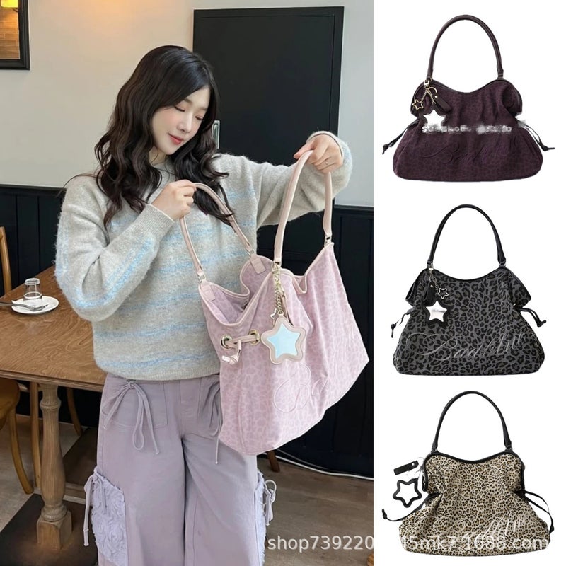 Embroidered Leopard Print Shoulder Tote Bag with Star Mirror Charm - Image 1