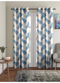 Cortina 2 Piece Leaf Design Panel Eyelet Polyester Long Door Curtains - 9 Feet, Blue