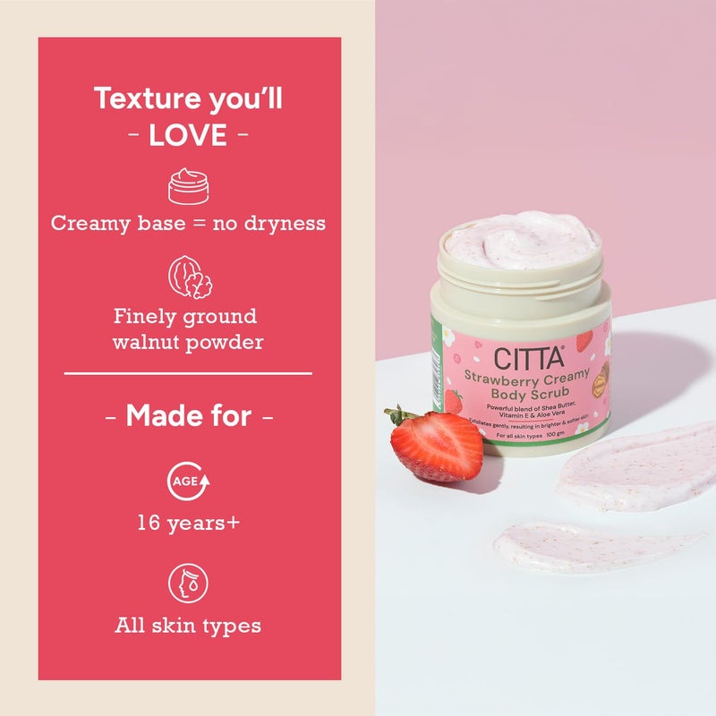 CITTA Strawberry Creamy Body Scrub For Tan  Dead Skin Removal  Exfoliating Body Polish For Men  Women  Hydrating Scrub For SilkySmooth Skin  Detan Body Scrub For All Skin Types  100 gm - Image 4