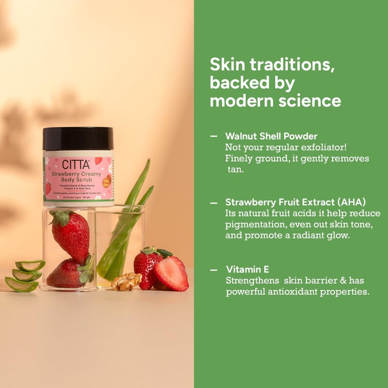 CITTA Strawberry Creamy Body Scrub For Tan  Dead Skin Removal  Exfoliating Body Polish For Men  Women  Hydrating Scrub For SilkySmooth Skin  Detan Body Scrub For All Skin Types  100 gm - Image 3