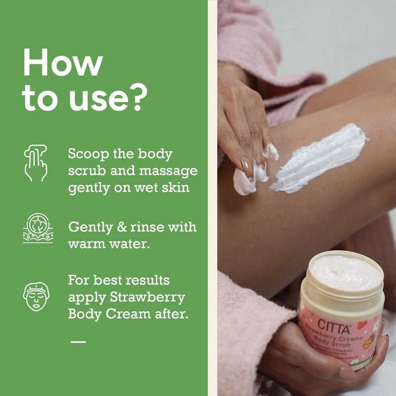 CITTA Strawberry Creamy Body Scrub For Tan  Dead Skin Removal  Exfoliating Body Polish For Men  Women  Hydrating Scrub For SilkySmooth Skin  Detan Body Scrub For All Skin Types  100 gm - Image 5