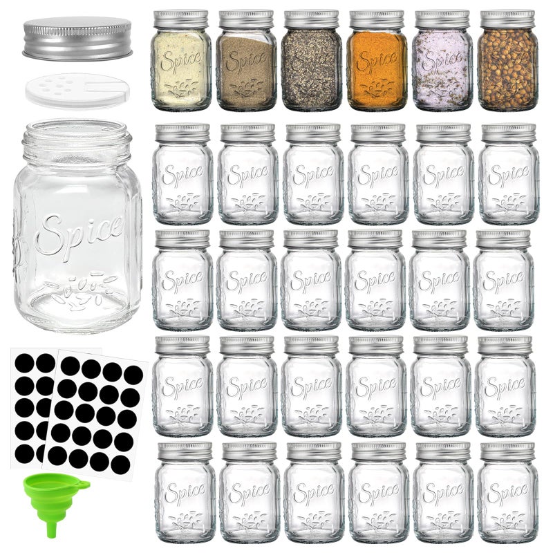 Coloch 30 Pack 4 Oz Glass Mason Spice Jar with Shaker Lids Labels Empty Spice Bottle with Airtight Metal Caps and Collapsible Funnel for Herbs  Spices