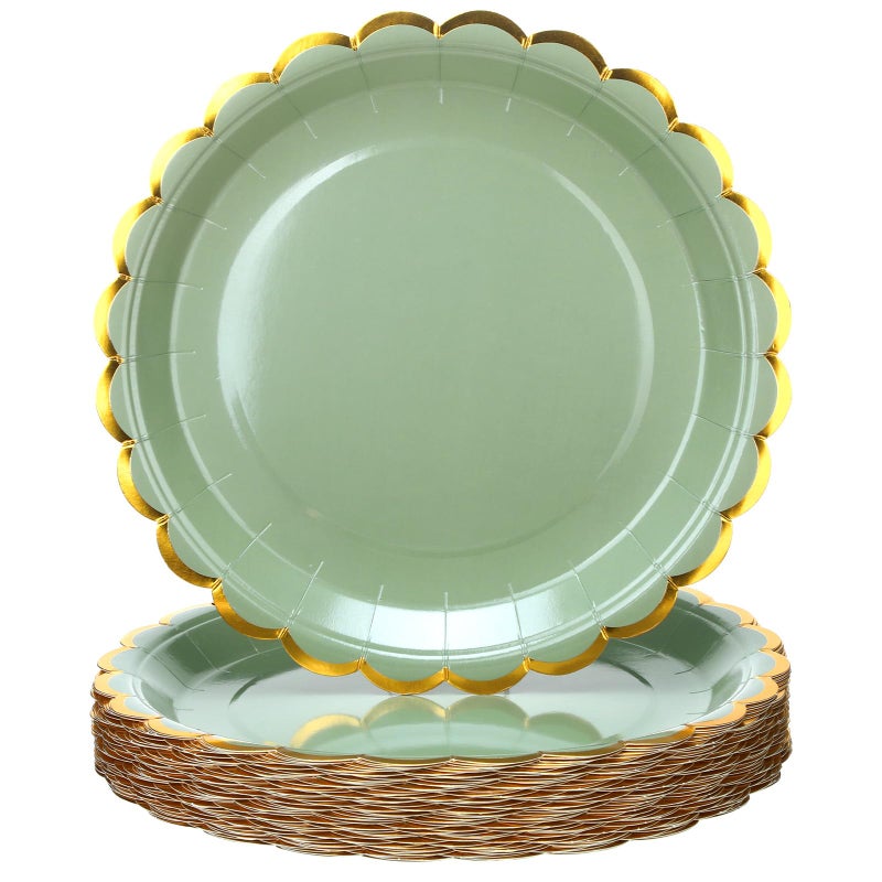 Maxcheck Maxcheck 50 Pcs Sage Green Scalloped Paper Plates with Gold Foil 9 Inches Disposable Party Plates Decorative for Cake Dessert Birthday Baby Shower Wedding Party Supplies  - Image 1