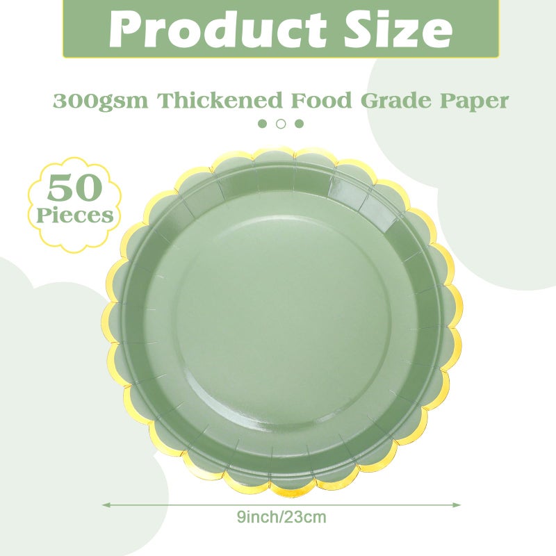 Maxcheck Maxcheck 50 Pcs Sage Green Scalloped Paper Plates with Gold Foil 9 Inches Disposable Party Plates Decorative for Cake Dessert Birthday Baby Shower Wedding Party Supplies  - Image 2
