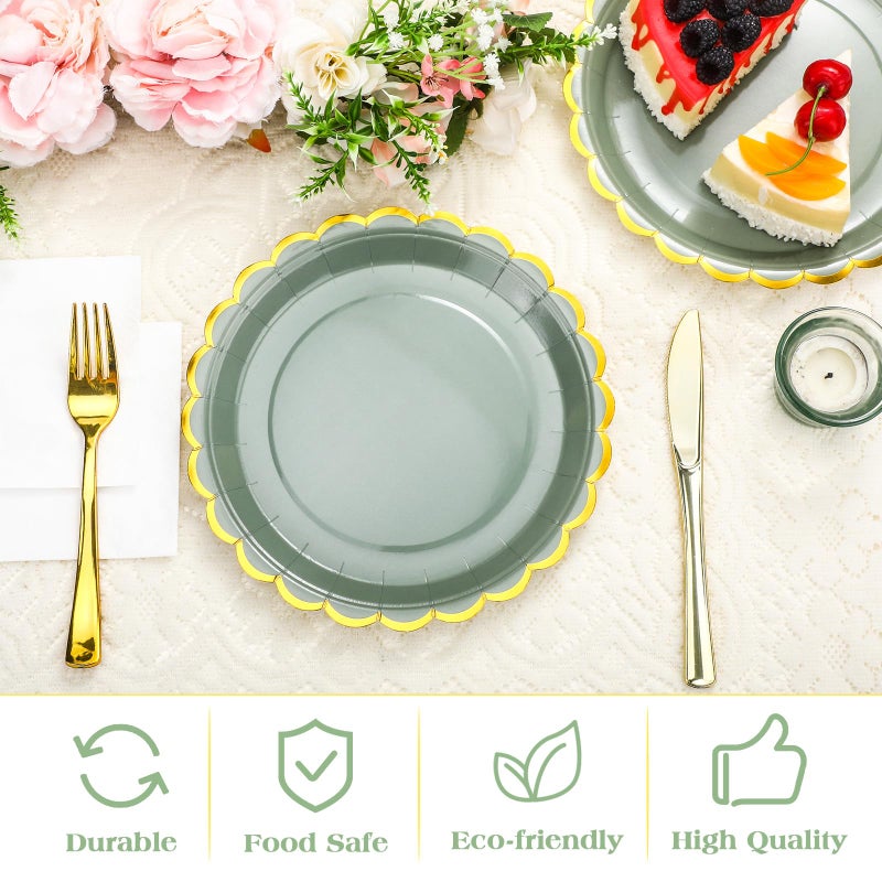 Maxcheck Maxcheck 50 Pcs Sage Green Scalloped Paper Plates with Gold Foil 9 Inches Disposable Party Plates Decorative for Cake Dessert Birthday Baby Shower Wedding Party Supplies  - Image 4