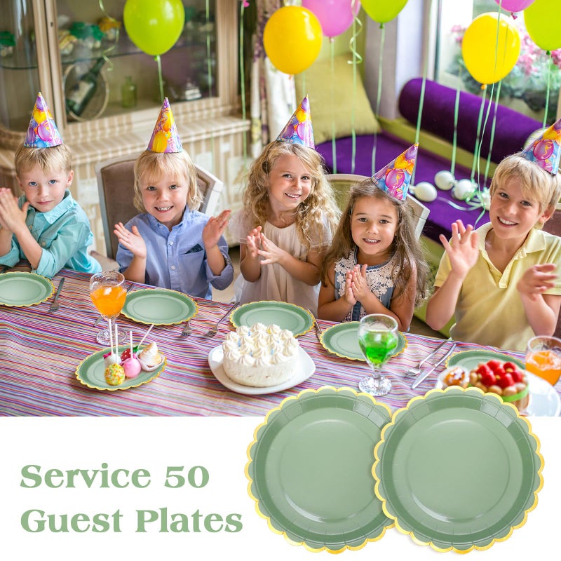 Maxcheck Maxcheck 50 Pcs Sage Green Scalloped Paper Plates with Gold Foil 9 Inches Disposable Party Plates Decorative for Cake Dessert Birthday Baby Shower Wedding Party Supplies  - Image 5