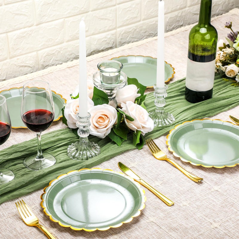 Maxcheck Maxcheck 50 Pcs Sage Green Scalloped Paper Plates with Gold Foil 9 Inches Disposable Party Plates Decorative for Cake Dessert Birthday Baby Shower Wedding Party Supplies  - Image 3