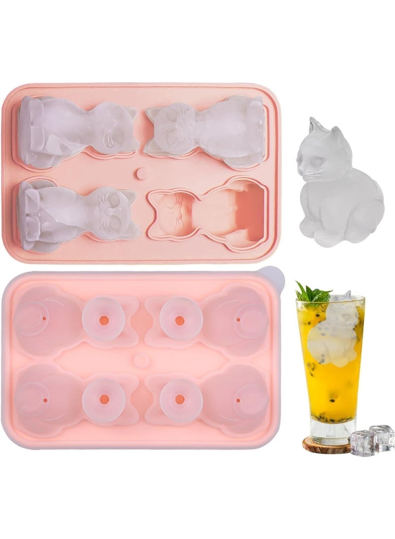 HZYH Silicone Ice Cube Tray with Funnel-type Lid, 4 Hole Fun Cat Shapes Cute Ice Molds for Cocktails, Slow Melting Large Ice Cube Molds, Reusable Ice Ball Maker, for Whiskey, Wine, Juice, Pink - Image 1