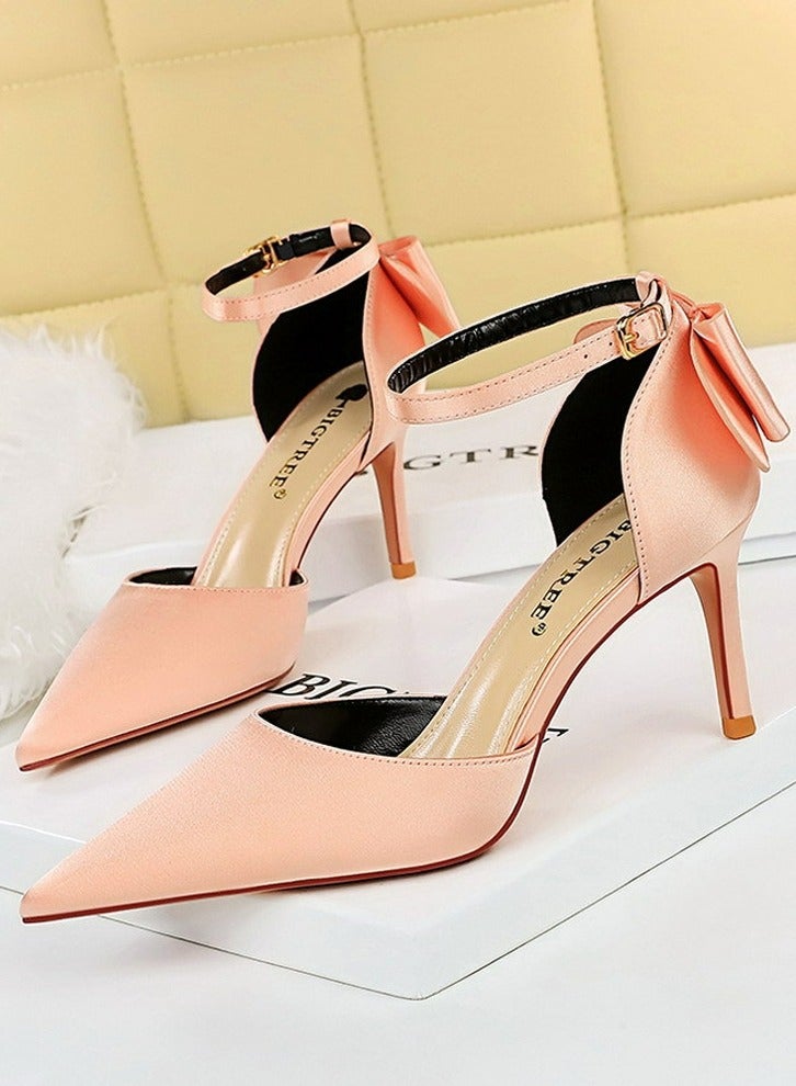 بيج تري Women's Closed Pointed Toe 8 CM High Heels with Bow Knot Ankle Strap Satin Stiletto Pumps Pink