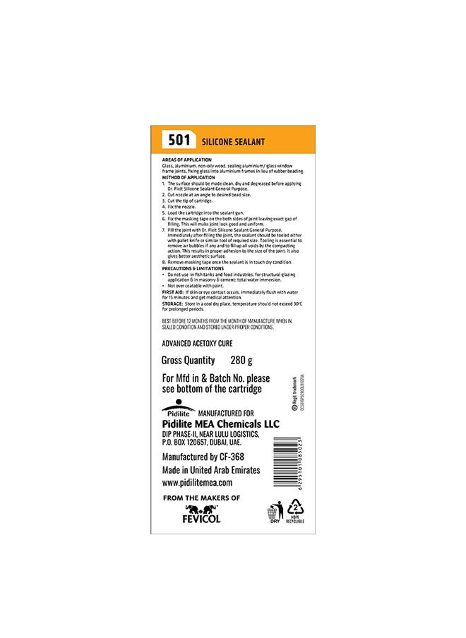 Dr. Fixit Dr. Fixit 501 Silicone Sealant Clear - 280 gm | Ideal for Sealing of Glass, Windows, Sanitary and Bathroom Fixtures & Electrical Insulation | Available in White & Clear variants  - Image 2