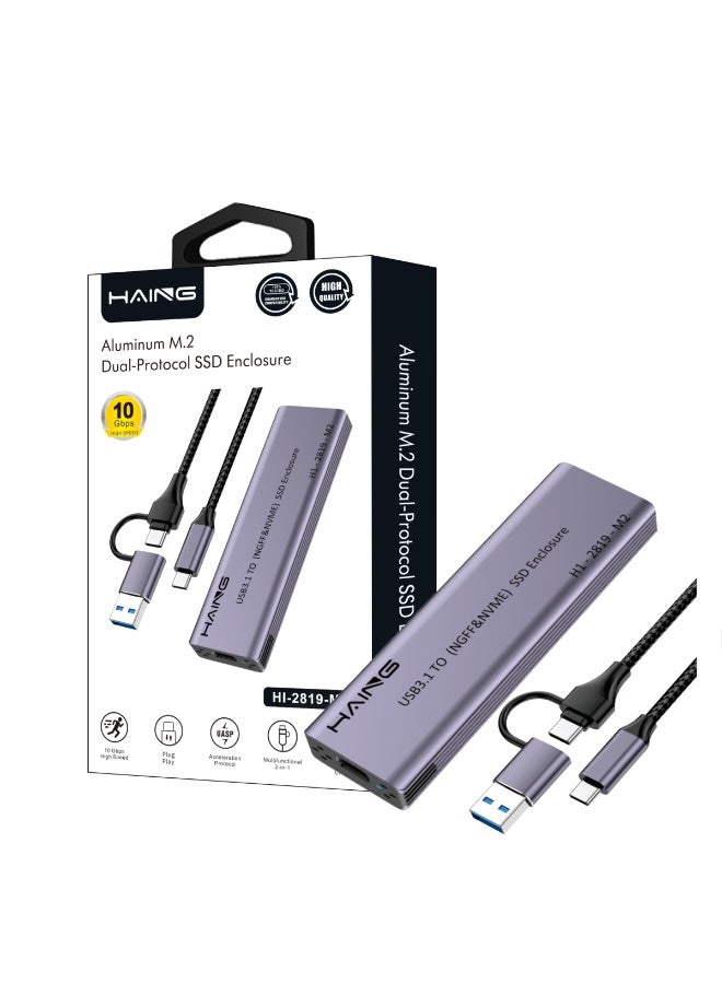 Haing حاوية SSD مزدوجة البروتوكول من الألمنيوم M.2، USB 3.1 نوع-C إلى NVMe و NGFF SATA، 10Gbps حالة خارجية عالية السرعة - Image 1