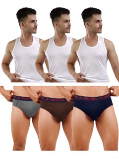 Brando Men's Cotton Combo: Comfy Breathable Round Neck (Vest) & Premium Comfortable Briefs (Dude)- Colours May Vary