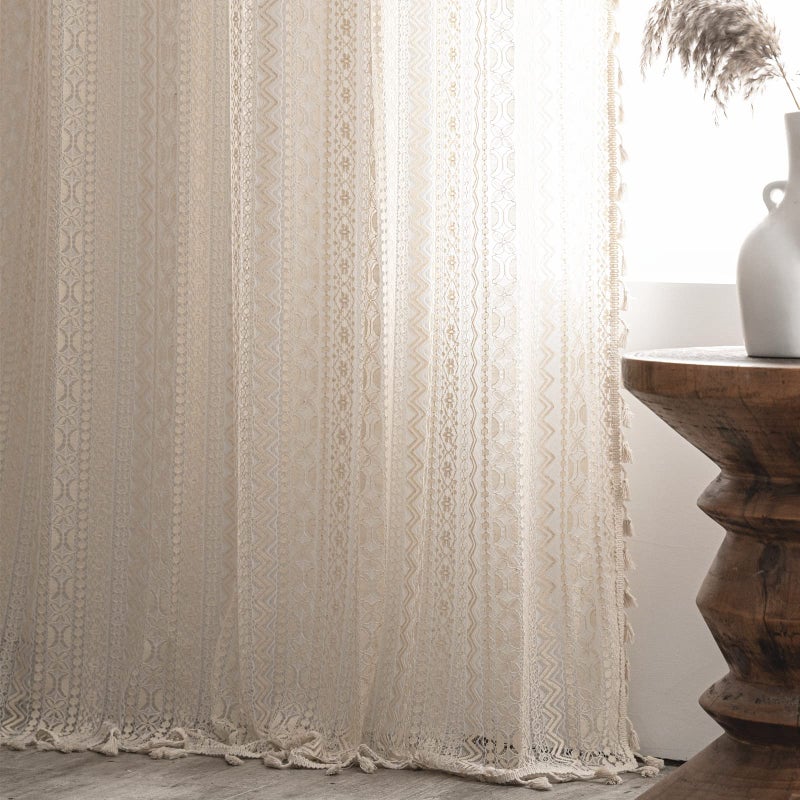 Sutuo Home Crochet Boho Curtain 63 Inches Length, Sheer Lace Handmade Tassels Knitted Window Treatment Vintage Rustic Bohemian Farmhouse Drape for Bedroom Rod Pocket 1 Panel 59" W x 63" L, Beige Wave - Image 2