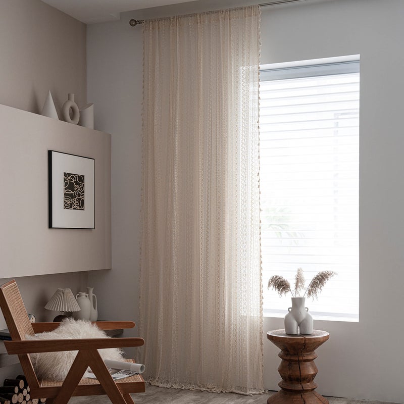Sutuo Home Crochet Boho Curtain 63 Inches Length, Sheer Lace Handmade Tassels Knitted Window Treatment Vintage Rustic Bohemian Farmhouse Drape for Bedroom Rod Pocket 1 Panel 59" W x 63" L, Beige Wave - Image 3