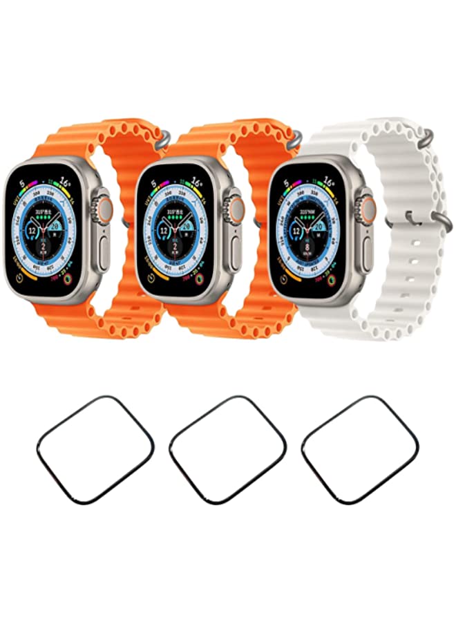 IAF Silicone Ocean Band Strap for Apple Watch Ultra 8 49mm Orange,Orange and White Set of 3 with 3* 49mm Watch glass