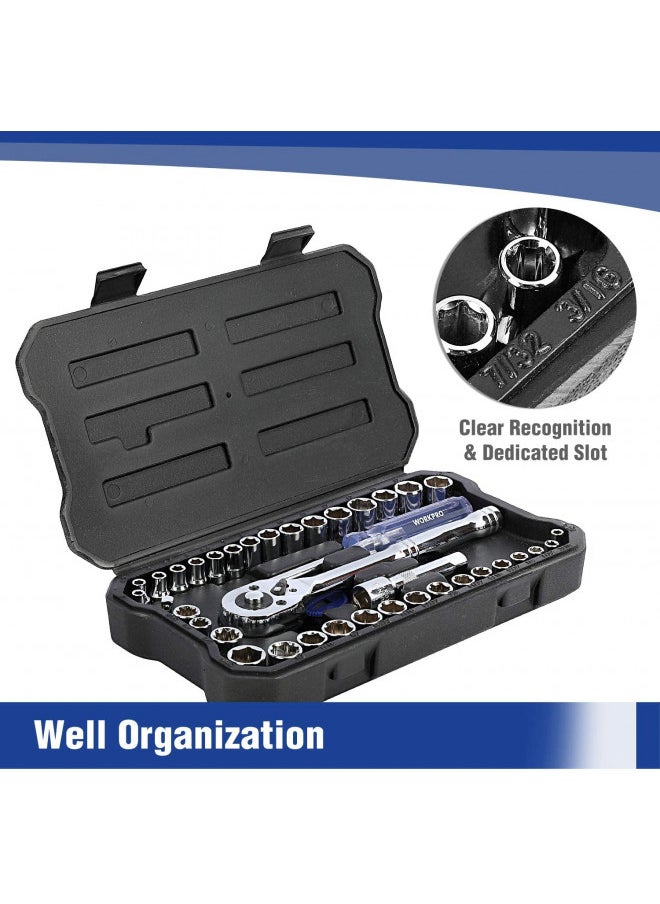 WORKPRO WORKPRO 39-Piece Drive Socket Wrench Set, 1/4-Inch & 3/8-Inch Small Sockets Set, 3/8" Ratchets, Extensions, Spinner Handle & Adapter, Mechanics Tool Set with Tool Box, for Repairing, Metric and SAE  - Image 2