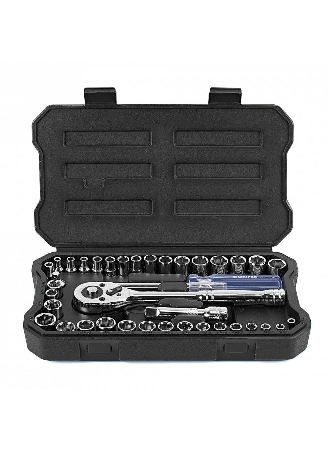WORKPRO WORKPRO 39-Piece Drive Socket Wrench Set, 1/4-Inch & 3/8-Inch Small Sockets Set, 3/8" Ratchets, Extensions, Spinner Handle & Adapter, Mechanics Tool Set with Tool Box, for Repairing, Metric and SAE  - Image 1