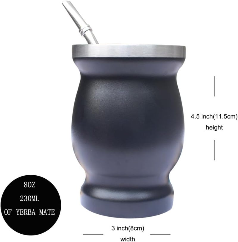 Beruth Bombilla Yerba Mate Gourd, 8oz Stainless Steel Tea Cup Set with a Multifunctional Lid, Two Straws and Cleaning Brushes, Double Walled Coffee Mug Heat Insulation Anti Scalding BR2302 (Black) - Image 4