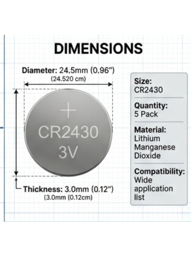 Premium CR2430 3V Lithium Battery (Pack of 5) - Long-Lasting Coin Cell Replacement for Car Key Fobs, Watches & Medical Devices | Leak-Proof, 0% Mercury Button Battery - Image 5